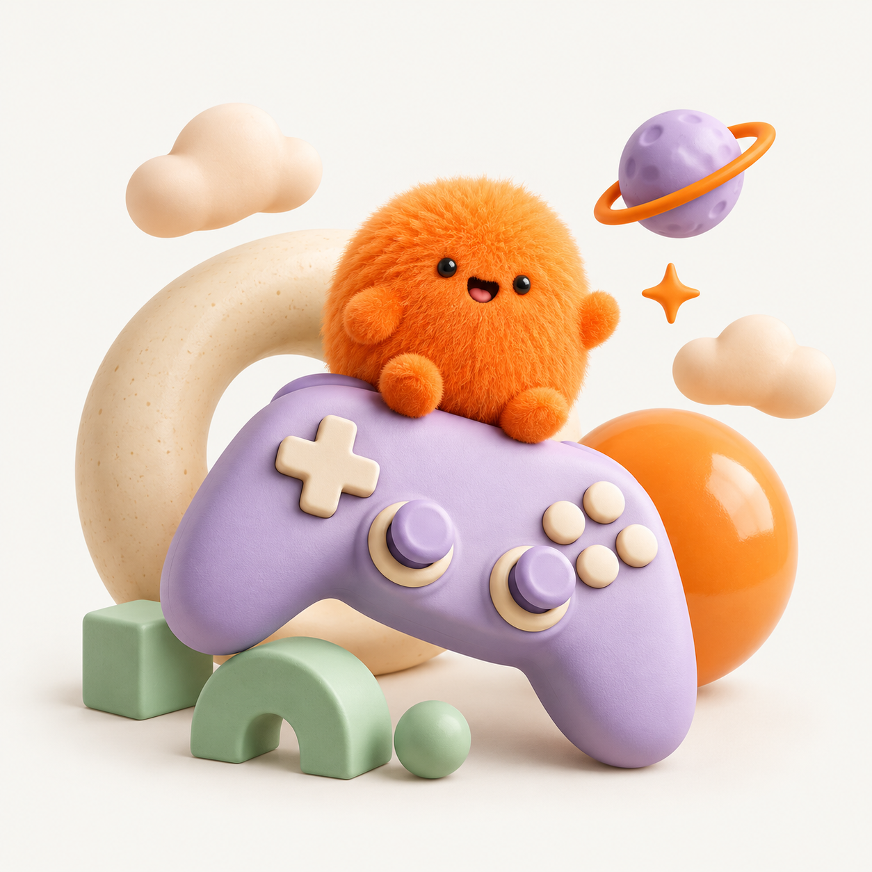 An orange fluffy friend on a lilac game controller, surrounded by playful planets and shapes