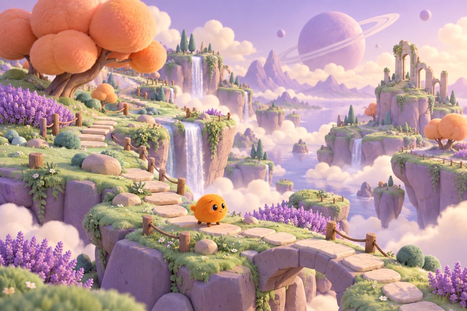 A tiny orange explorer on a floating island in a dreamlike pastel game world